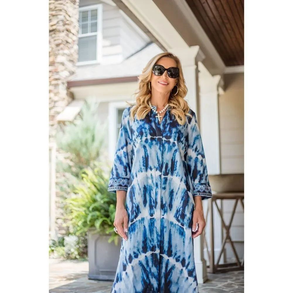 Soft Surroundings Blue Kaftan Dress Embroidered Tie-Dye Medium